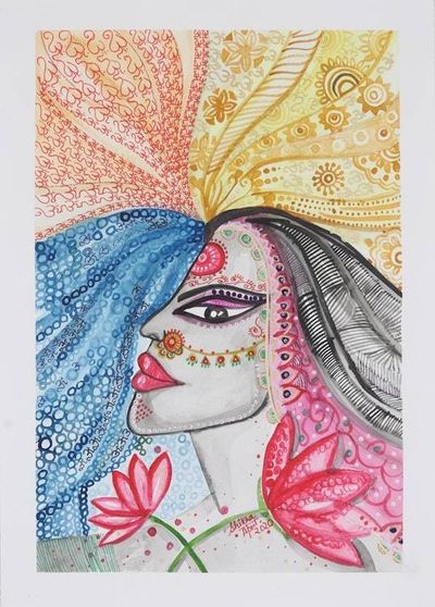 Primary image for Signed Indian Watercolor Portrait on Handmade Paper Charismatic Beauty