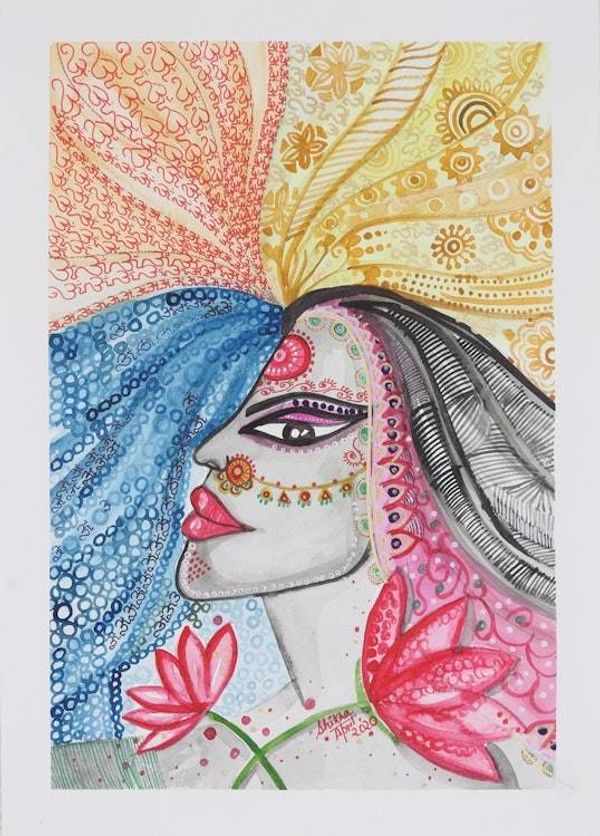 Alternate image for Signed Indian Watercolor Portrait on Handmade Paper Charismatic Beauty