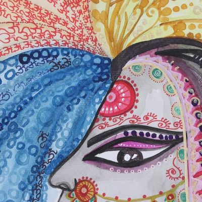 Alternate image for Signed Indian Watercolor Portrait on Handmade Paper Charismatic Beauty