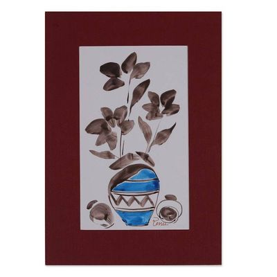 Alternate image for Impressionist Watercolor on Paper Blue Floral Vase Painting Beauty in a Pot II