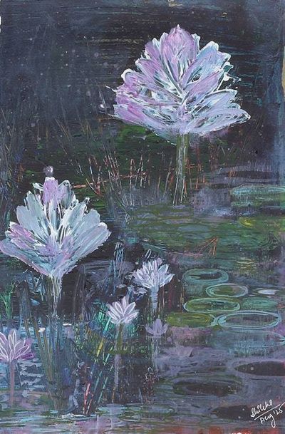 Primary image for Signed Floral Impressionist Acrylic on Paper Night Painting Blooming Through Darkness