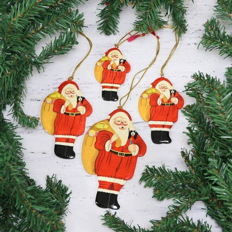 Papier Mache Santa Ornaments Set of 4 from India 'Bringing Gifts'