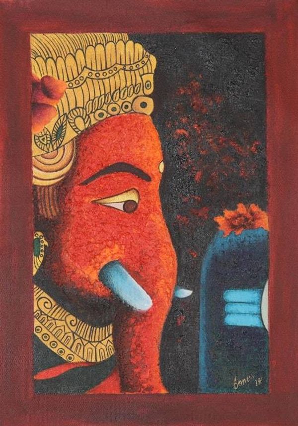 Alternate image for Signed Expressionist Painting of Ganesha from India Pious Ganesha