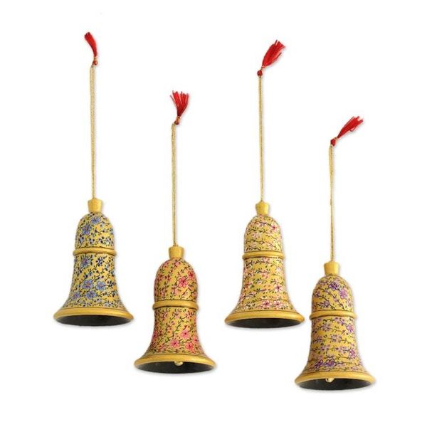 Alternate image for Papier Mache Floral Bell Ornaments Set of 4 from India Floral Chimes