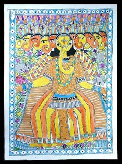 Alternate image for Madhubani painting Ten Headed Ganesha