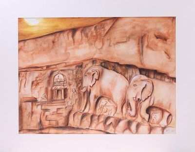 Primary image for Signed Expressionist Painting of Elephants from India Marching Elephants