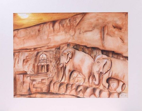 Alternate image for Signed Expressionist Painting of Elephants from India Marching Elephants