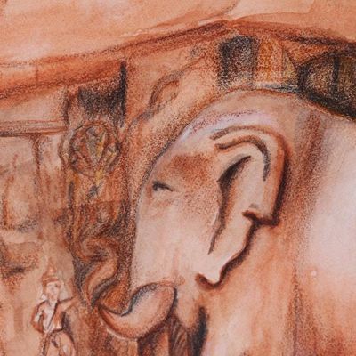 Alternate image for Signed Expressionist Painting of Elephants from India Marching Elephants