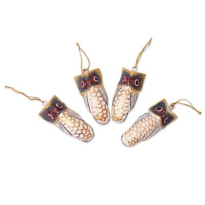 Alternate image for Set of 4 Hand-Carved Painted Jempinis Wood Owl Ornaments Colorful Sages