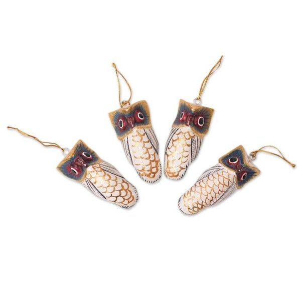 Alternate image for Set of 4 Hand-Carved Painted Jempinis Wood Owl Ornaments Colorful Sages
