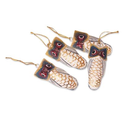 Alternate image for Set of 4 Hand-Carved Painted Jempinis Wood Owl Ornaments Colorful Sages