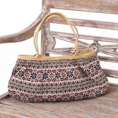 Alternate image for Leather Accent Cotton Handbag with Ikat Motifs from Bali Tenun Petals