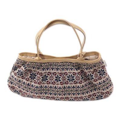 Alternate image for Leather Accent Cotton Handbag with Ikat Motifs from Bali Tenun Petals