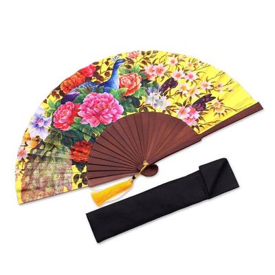 Primary image for Floral Printed Silk Hand Fan Crafted in Bali Chartreuse Bouquet