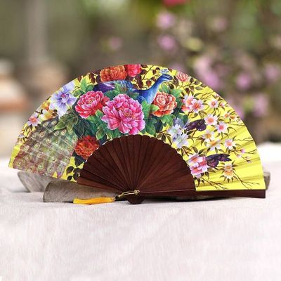 Alternate image for Floral Printed Silk Hand Fan Crafted in Bali Chartreuse Bouquet