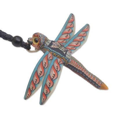 Alternate image for Handmade Dragonfly Pendant Necklace Polymer Clay Cotton Cord Floating Dragonfly