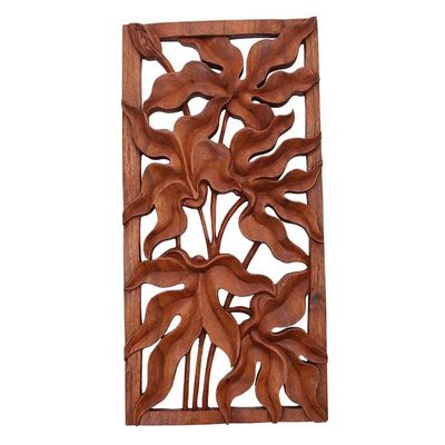 Alternate image for Leafy Rectangular Suar Wood Relief Panel from Bali Deep Forest