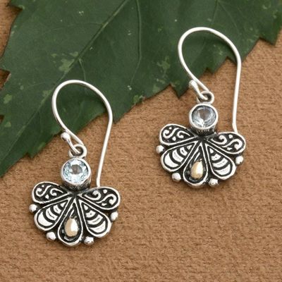 Alternate image for Peacock Tail-Themed Gold-Accented Blue Topaz Silver Earrings Peacock Tail