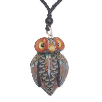 Alternate image for Artisan Handmade Clay Owl Pendant Necklace Cotton Cord Charming Owl