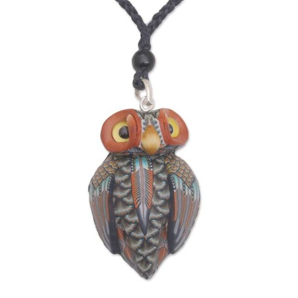 Alternate image for Artisan Handmade Clay Owl Pendant Necklace Cotton Cord Charming Owl