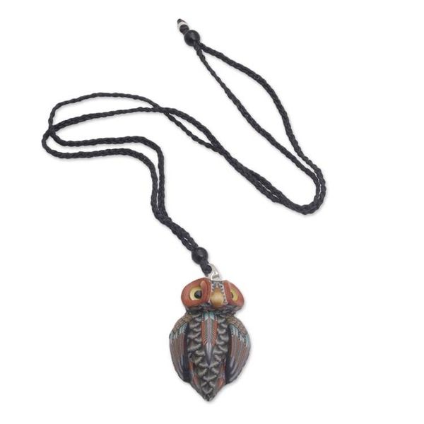 Alternate image for Artisan Handmade Clay Owl Pendant Necklace Cotton Cord Charming Owl