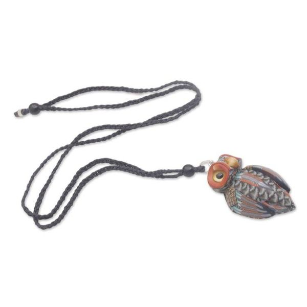 Alternate image for Artisan Handmade Clay Owl Pendant Necklace Cotton Cord Charming Owl