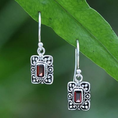 Primary image for Garnet and Sterling Silver Dangle Earrings with Ornate Frame Clover Frame
