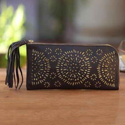 Primary image for Circle Pattern Leather Clutch in Espresso from Bali Borobudur Stars in Coffee