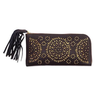 Alternate image for Circle Pattern Leather Clutch in Espresso from Bali Borobudur Stars in Coffee
