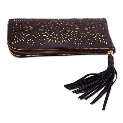 Alternate image for Circle Pattern Leather Clutch in Espresso from Bali Borobudur Stars in Coffee