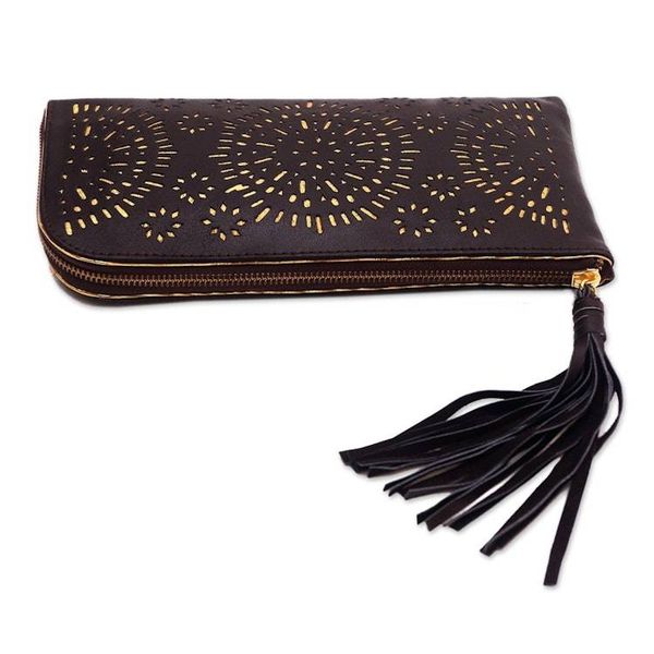 Alternate image for Circle Pattern Leather Clutch in Espresso from Bali Borobudur Stars in Coffee