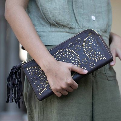 Alternate image for Circle Pattern Leather Clutch in Espresso from Bali Borobudur Stars in Coffee