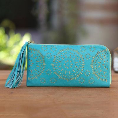 Primary image for Circle Pattern Leather Clutch in Tosca from Bali Borobudur Stars in Turquoise