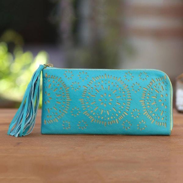Alternate image for Circle Pattern Leather Clutch in Tosca from Bali Borobudur Stars in Turquoise
