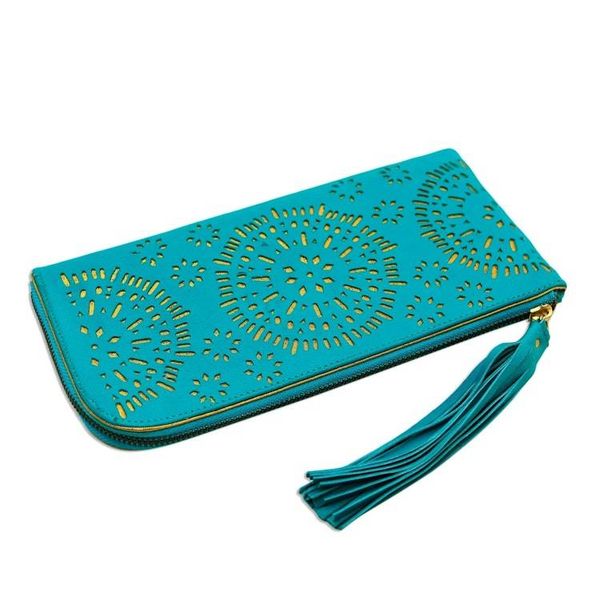 Alternate image for Circle Pattern Leather Clutch in Tosca from Bali Borobudur Stars in Turquoise