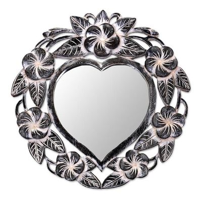 Primary image for Suar Wood Hand Carved Heart Shaped Floral Wall Mirror Frangipani Heart