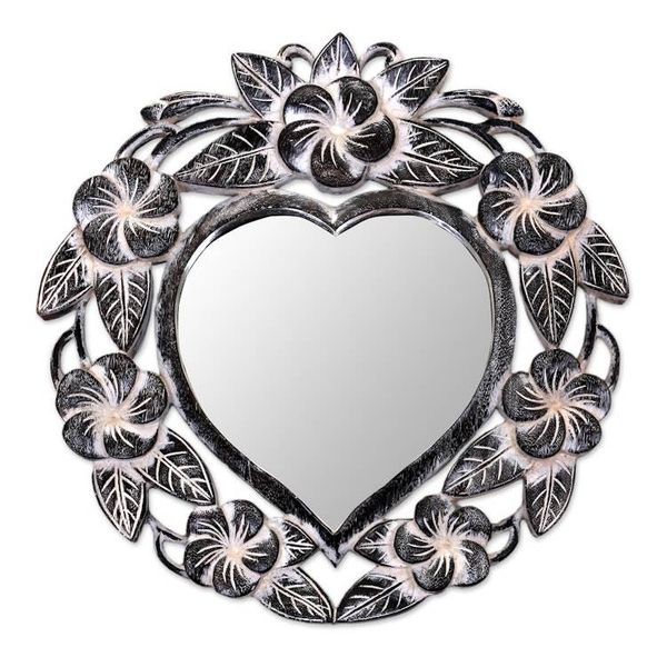 Alternate image for Suar Wood Hand Carved Heart Shaped Floral Wall Mirror Frangipani Heart