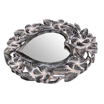 Alternate image for Suar Wood Hand Carved Heart Shaped Floral Wall Mirror Frangipani Heart