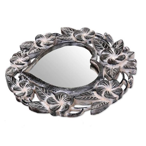 Alternate image for Suar Wood Hand Carved Heart Shaped Floral Wall Mirror Frangipani Heart