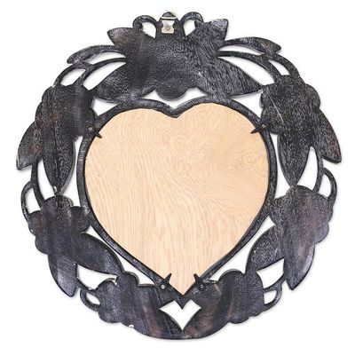 Alternate image for Suar Wood Hand Carved Heart Shaped Floral Wall Mirror Frangipani Heart