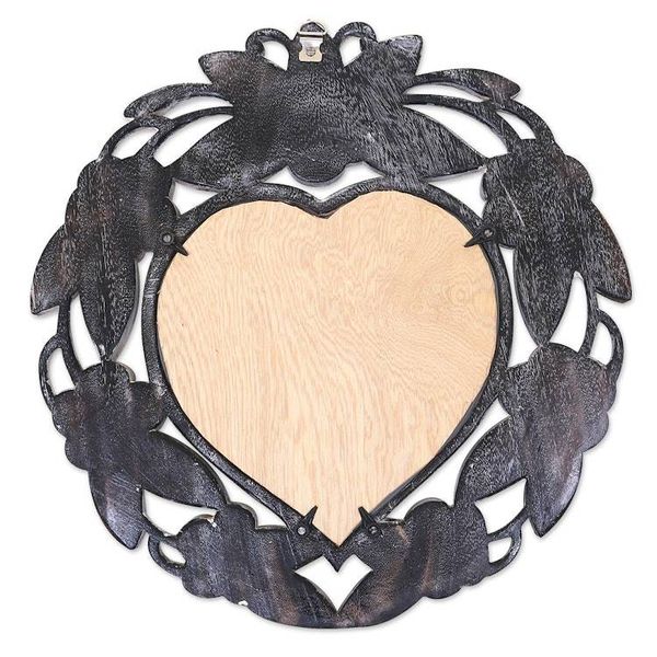 Alternate image for Suar Wood Hand Carved Heart Shaped Floral Wall Mirror Frangipani Heart