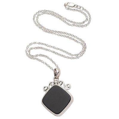 Alternate image for Black Onyx Sterling Silver Pendant Necklace Swirls and Curls