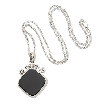 Alternate image for Black Onyx Sterling Silver Pendant Necklace Swirls and Curls