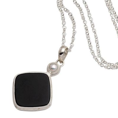 Alternate image for Black Onyx Cultured Pearl Sterling Silver Pendant Necklace Pearl of Wisdom