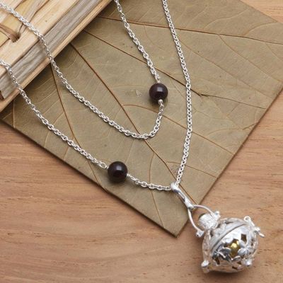 Alternate image for Silver  Garnet Plumeria Harmony Ball Necklace with Peridot Plumeria Chime