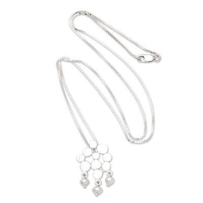 Alternate image for Polished Sterling Silver Pendant Necklace with White Pearls Ocean Honeycomb