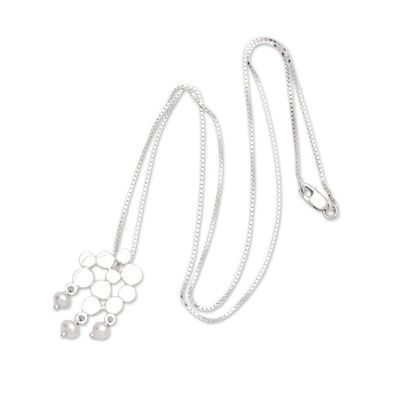 Alternate image for Polished Sterling Silver Pendant Necklace with White Pearls Ocean Honeycomb