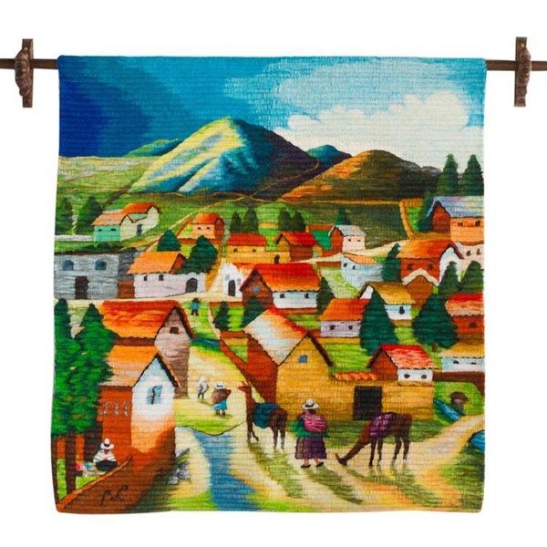 Alternate image for Colorful Handwoven Andean Village Scene Wool Wall Tapestry Andean Village
