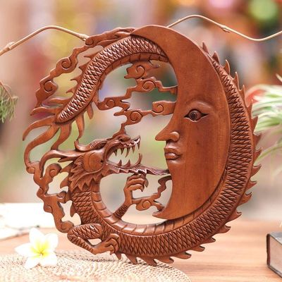 Alternate image for Dragon and Moon Wood Relief Panel Hand-Carved in Bali Dragon Knight