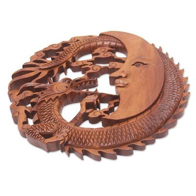 Alternate image for Dragon and Moon Wood Relief Panel Hand-Carved in Bali Dragon Knight